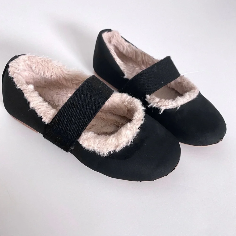 Zara Baby Girl Black Faux Fur Lined Ballet Slippers Cozy Soft Flats